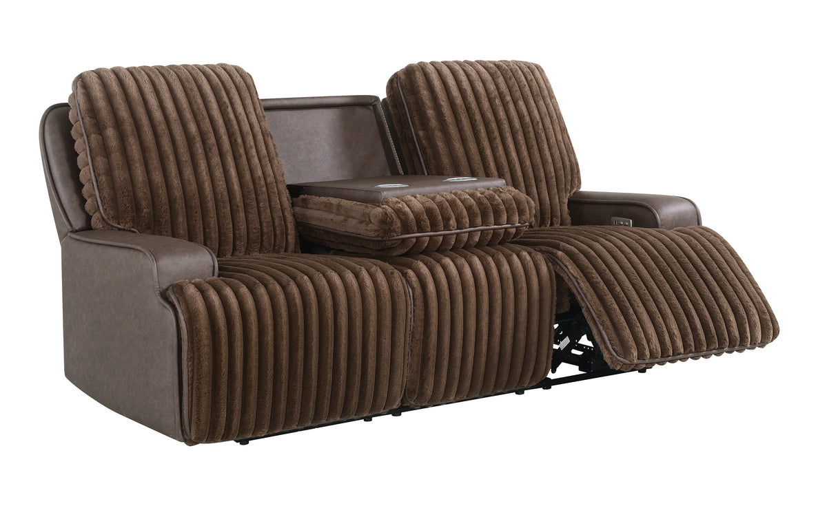 Logan Two-Tone Brown Fabric & Leatherette Power Reclining Sofa with Drop-Down Table