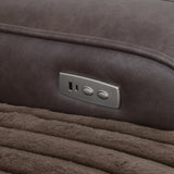 Logan Two-Tone Brown Fabric & Leatherette Power Reclining Sofa with Drop-Down Table