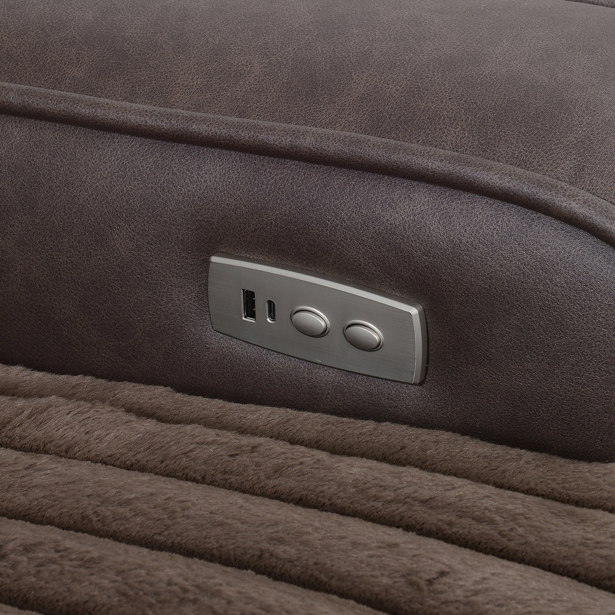 Logan Two-Tone Brown Fabric & Leatherette Power Reclining Sofa with Drop-Down Table