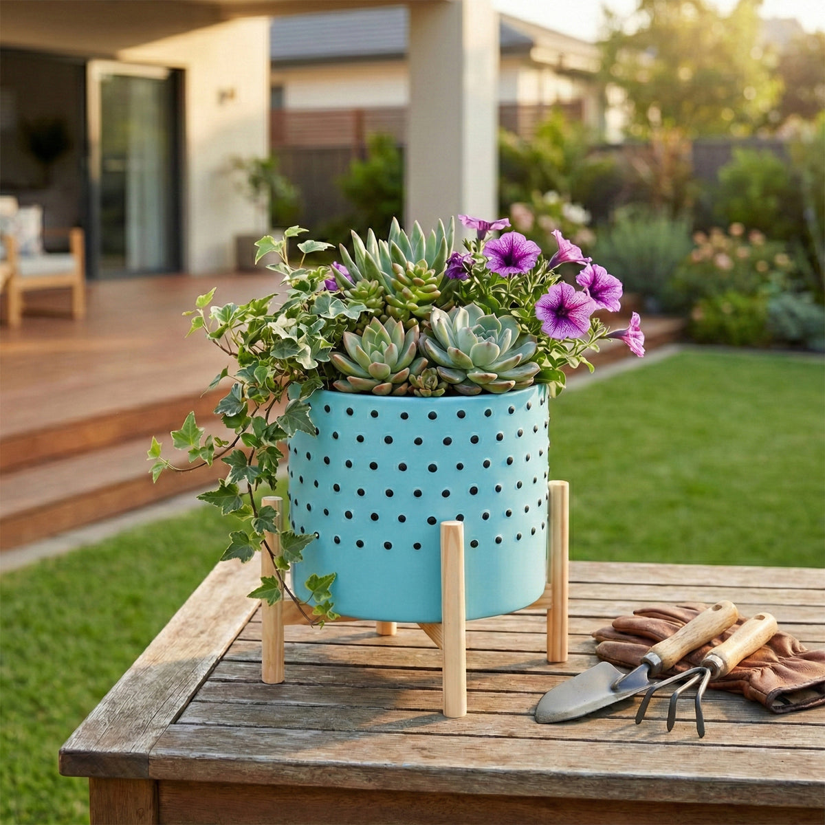 Watsonville Blue Dotted Planter with Wood Stand