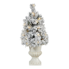 28” Flocked Artificial Christmas Tree with 30 Clear LED Lights in White Urn - Ornate Home