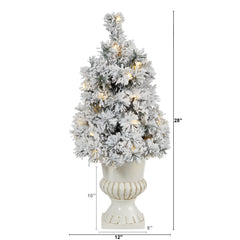 28” Flocked Artificial Christmas Tree with 30 Clear LED Lights in White Urn - Ornate Home