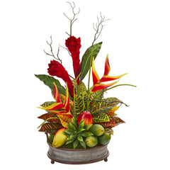 28” Mixed Tropical Arrangement in Metal Tray with Copper Trimming - Ornate Home