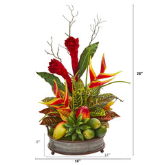 28” Mixed Tropical Arrangement in Metal Tray with Copper Trimming - Ornate Home