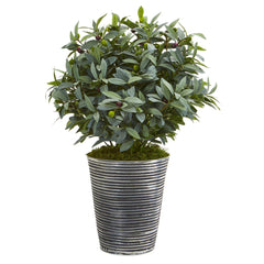 28” Olive with Berries Artificial Plant in Tin Planter with Black Pattern - Ornate Home
