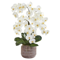 28” Phalaenopsis Orchid Artificial Arrangement in Stoneware Vase - Ornate Home