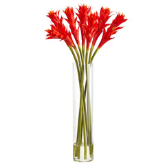 28” Star Bromeliad Artificial Arrangement in Cylinder Vase - Ornate Home