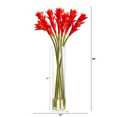 28” Star Bromeliad Artificial Arrangement in Cylinder Vase - Ornate Home