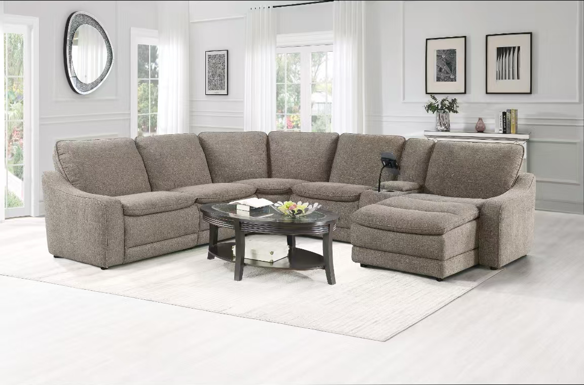 Park City Cream Fabric 6-Pc Dual Power Reclining Sectional with LAF Chaise
