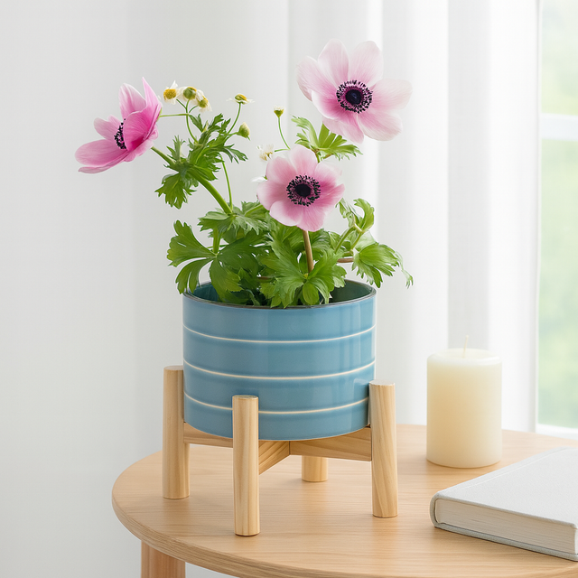 Alisal Sky Blue Small Striped Planter with Wood Stand