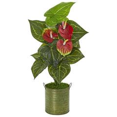 29” Anthurium Artificial Plant in Metal Planter (Real Touch) - Ornate Home