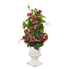 29” Bougainvillea Artificial Climbing Plant in White Urn - Ornate Home