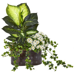 29” Golden Dieffenbachia, Ivy and Daisy Artificial Plant in Planter - Ornate Home
