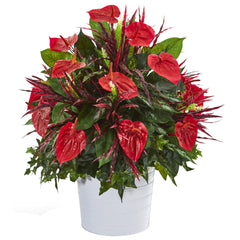 29” Mixed Anthurium Artificial Plant in White Tin Planter - Ornate Home