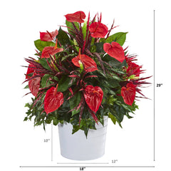 29” Mixed Anthurium Artificial Plant in White Tin Planter - Ornate Home