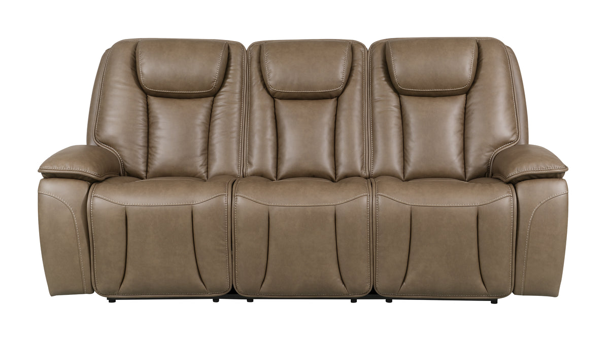 Sundance Chocolate Fabric & Leatherette Triple Power Reclining Sofa with Drop-Down Table