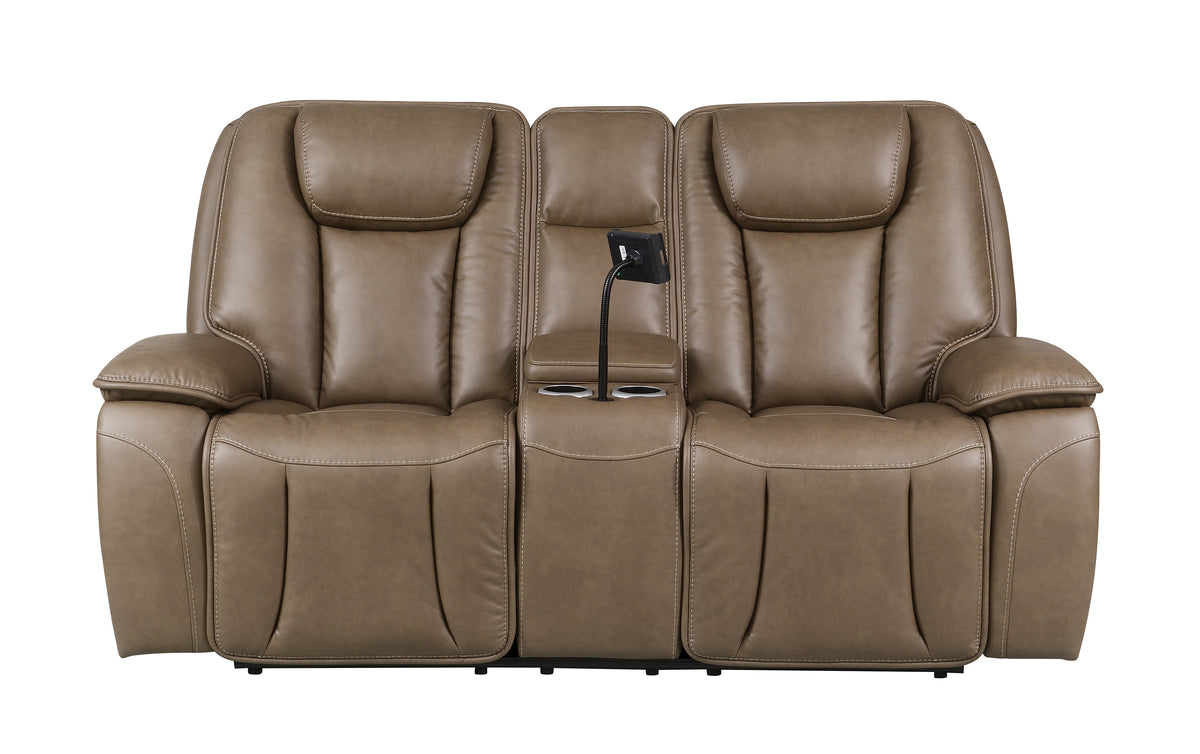 Sundance Chocolate Fabric & Leatherette Triple Power Reclining Loveseat with Console