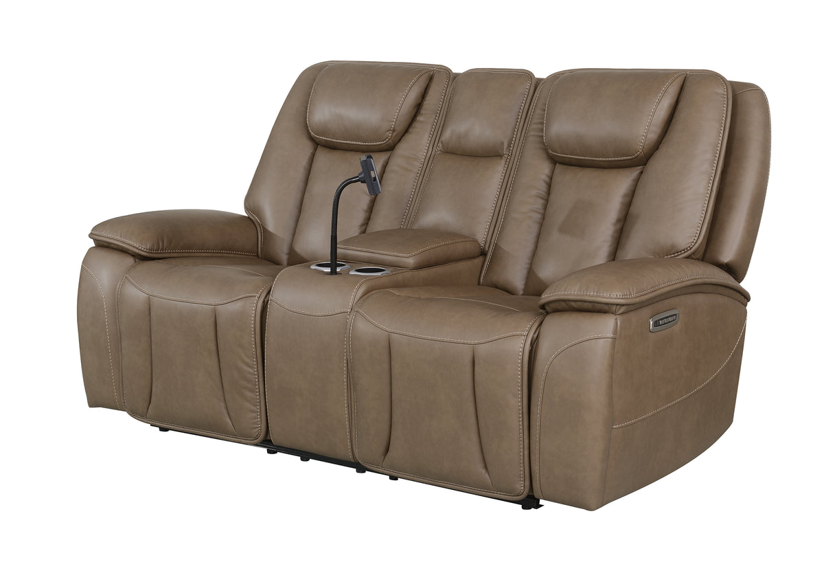 Sundance Chocolate Fabric & Leatherette Triple Power Reclining Loveseat with Console