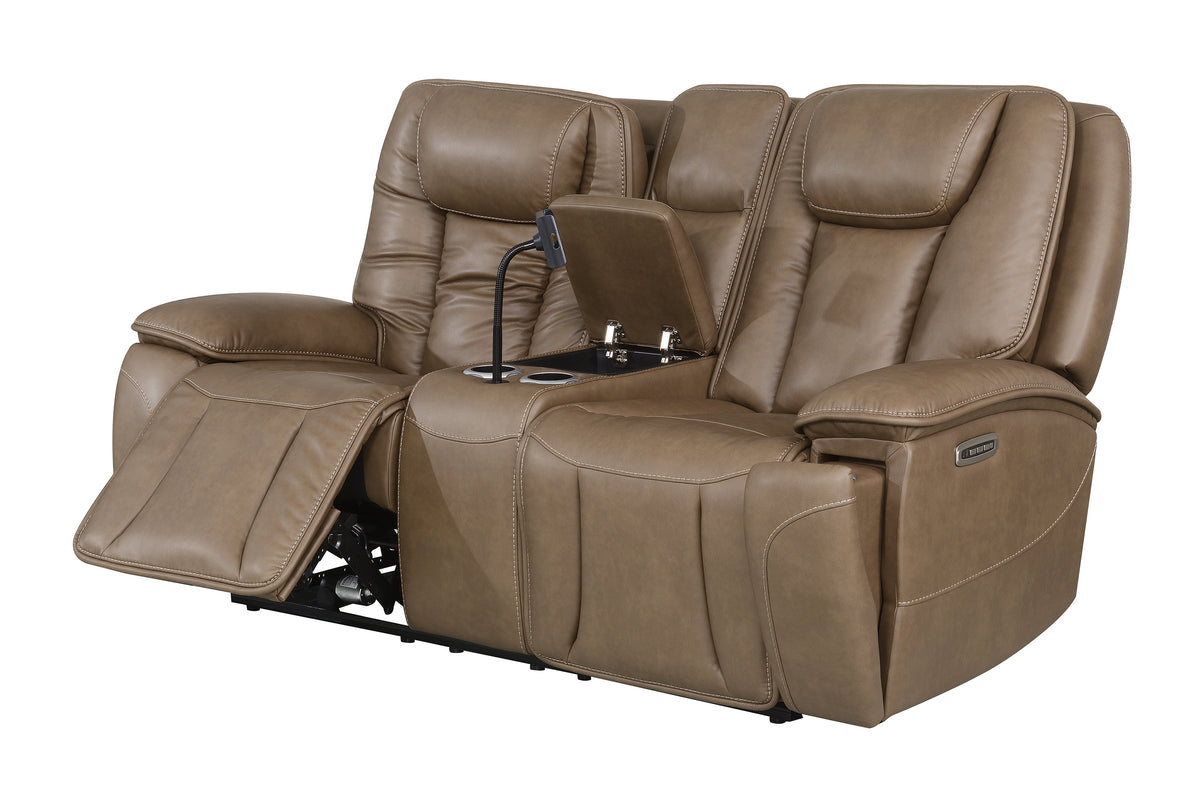 Sundance Chocolate Fabric & Leatherette Triple Power Reclining Loveseat with Console