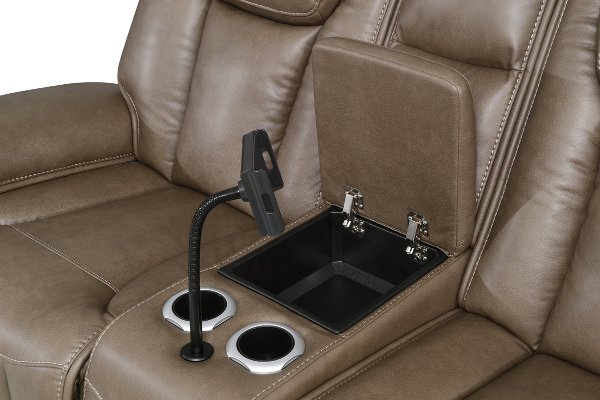 Sundance Chocolate Fabric & Leatherette Triple Power Reclining Loveseat with Console