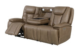 Sundance Chocolate Fabric & Leatherette Triple Power Reclining Sofa with Drop-Down Table
