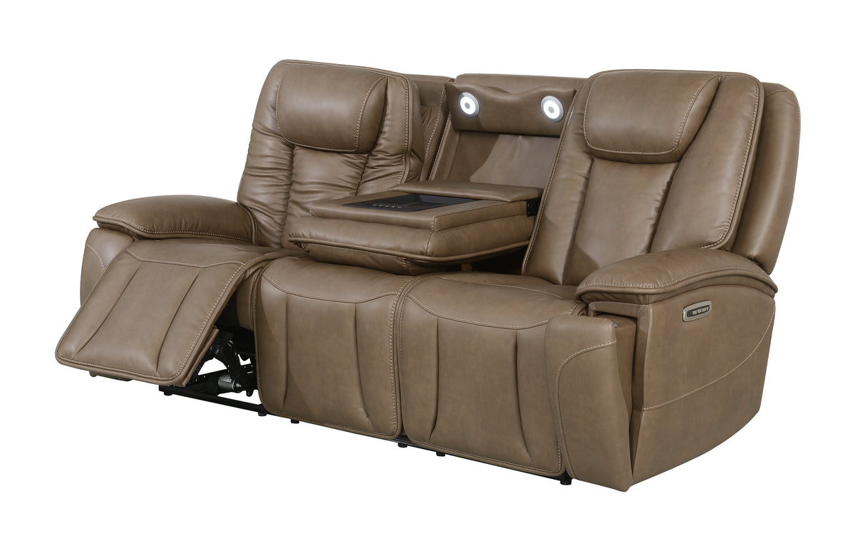 Sundance Chocolate Fabric & Leatherette Triple Power Reclining Sofa with Drop-Down Table