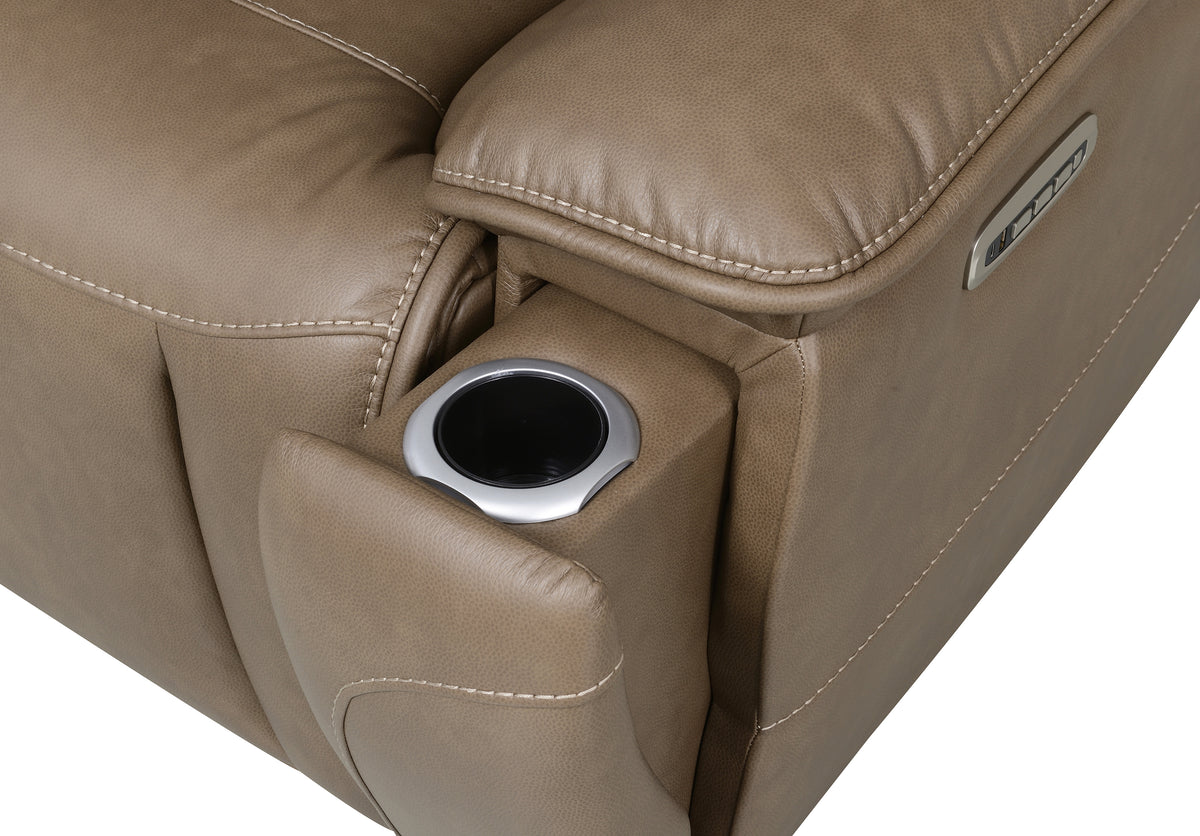 Sundance Chocolate Fabric & Leatherette Triple Power Reclining Sofa with Drop-Down Table