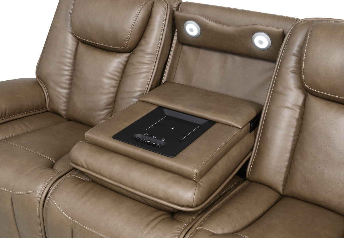 Sundance Chocolate Fabric & Leatherette Triple Power Reclining Sofa with Drop-Down Table