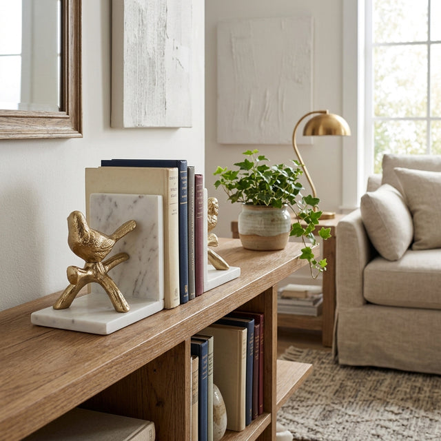 Zinfandel Gold/White Bird on Branch Marble Bookends (Set of 2)