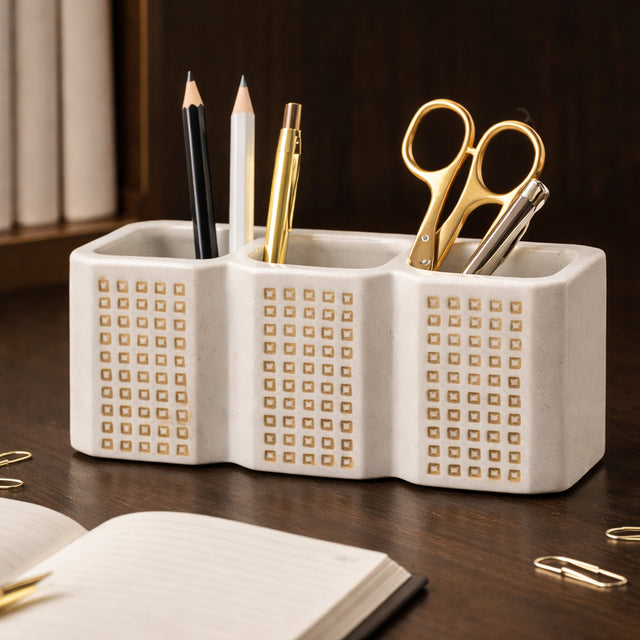 Mococo Beige 3-Cup Dotted Pen Holder