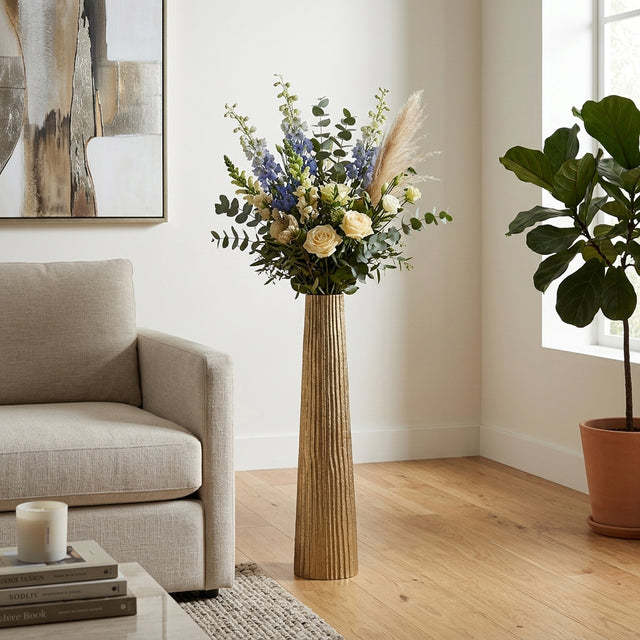 Rendalia Gold Small Metal Ribbed Floor Vase