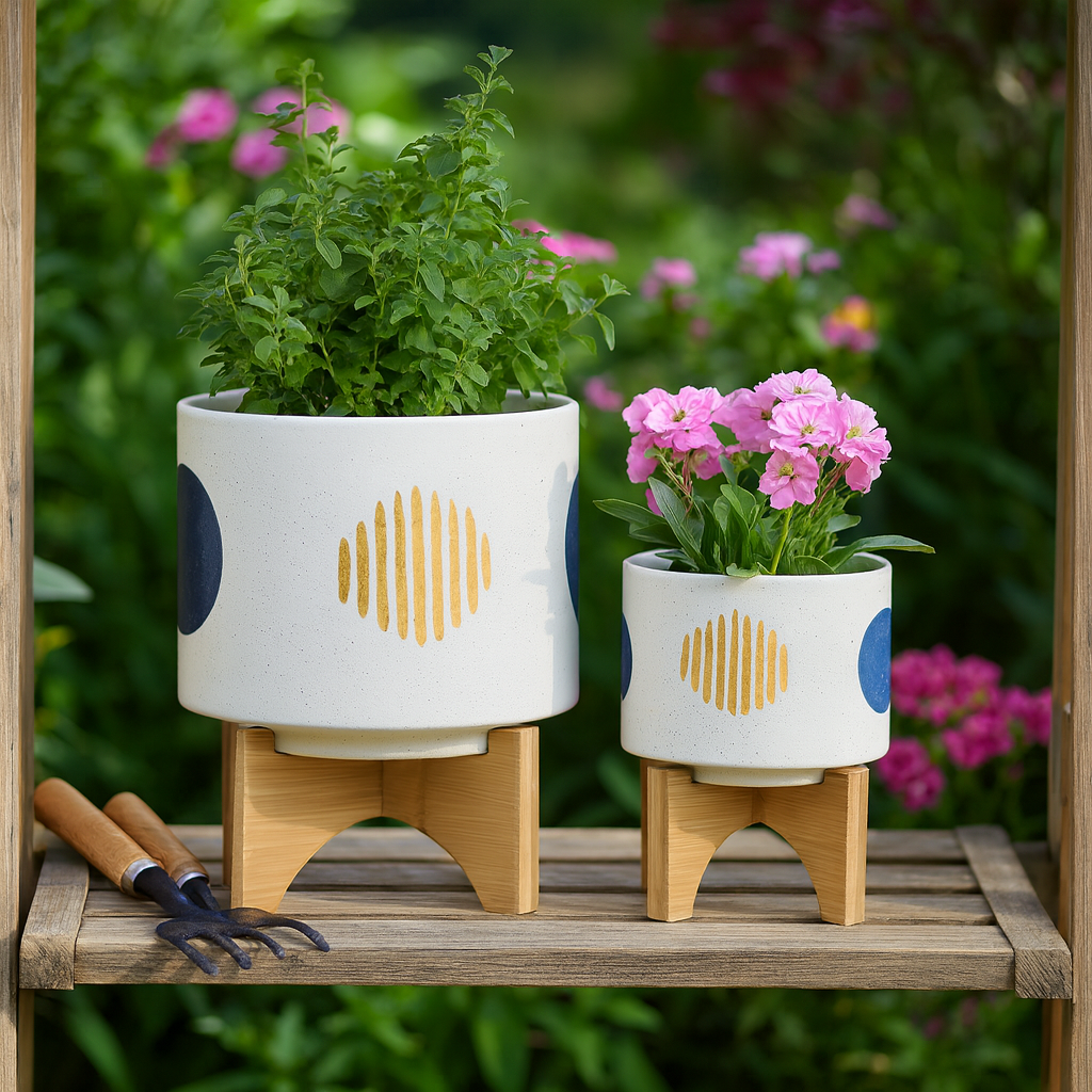 Clotho White Funky Planters with Stand (Set of 2)
