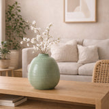 Chipps Dark Sage Ceramic Stripe Oval Vase - 17415-03EC