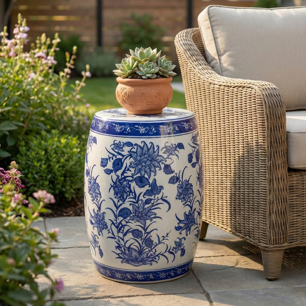 Hunterdale Blue/White Ceramic Pinwheel Flower Chinoiserie Stool