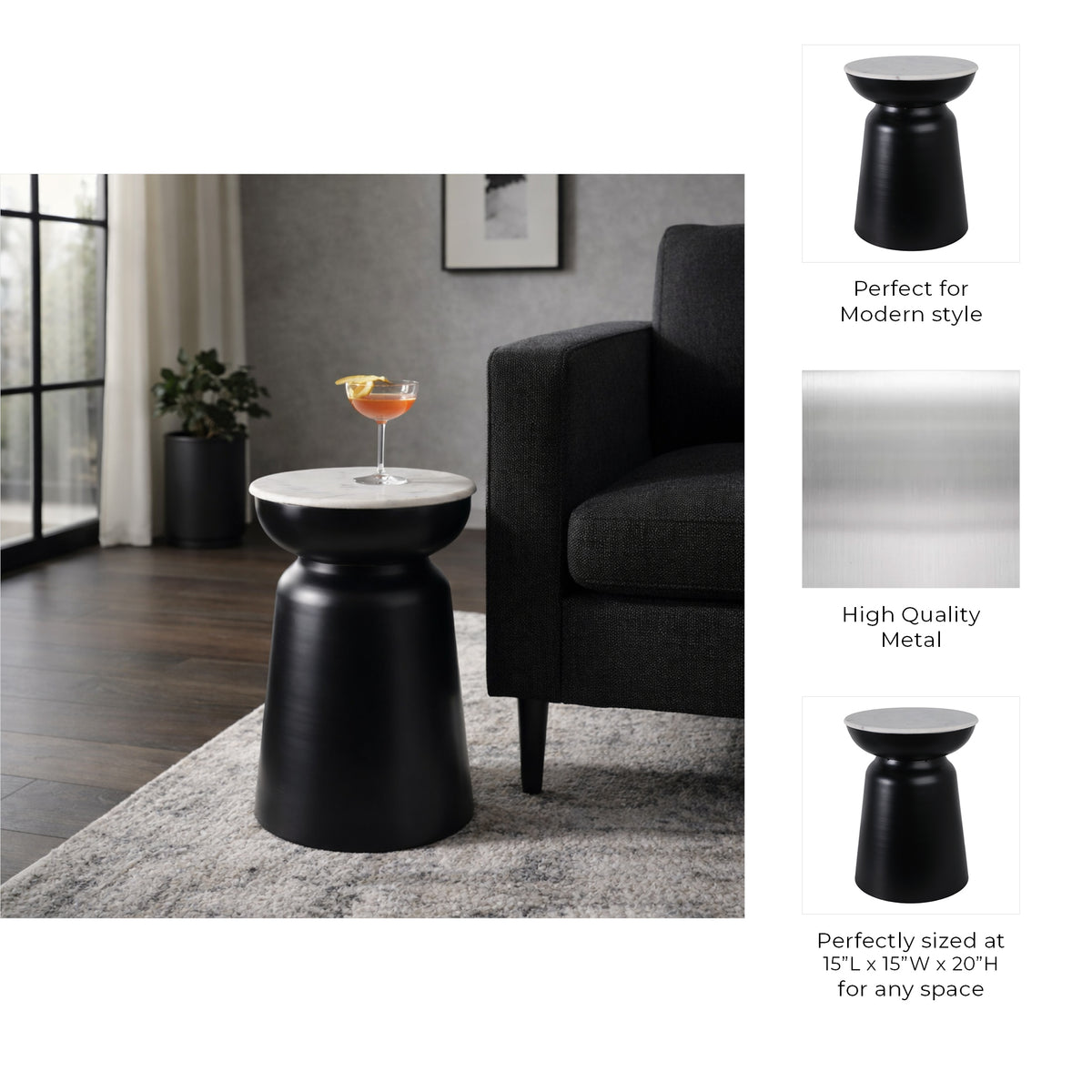 Russ Black/White Metal Accent Table with Marble Top