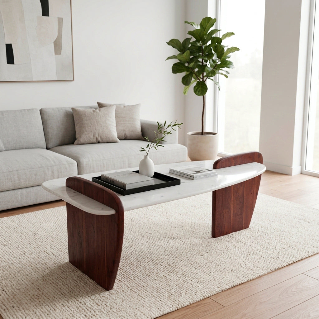 Crestmore White Marble and Wood Modern Coffee Table