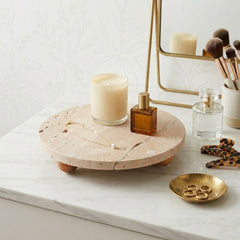 Newtown Tan Travertine Tray on Wood Ball Feet