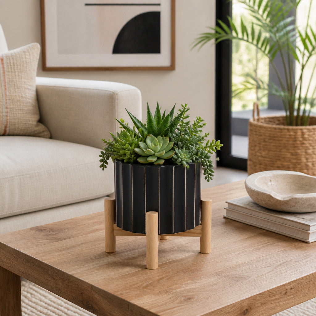 Doyle Black Ceramic Fluted Planter with Wood Stand