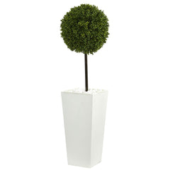3.5’ Boxwood Ball Topiary Artificial Tree in White Tower Planter (Indoor/Outdoor) - Ornate Home