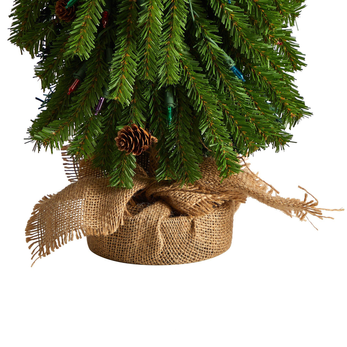 3’ Artificial Christmas Tree with Pinecones and 50 Multicolored Lights Set in a Burlap Base