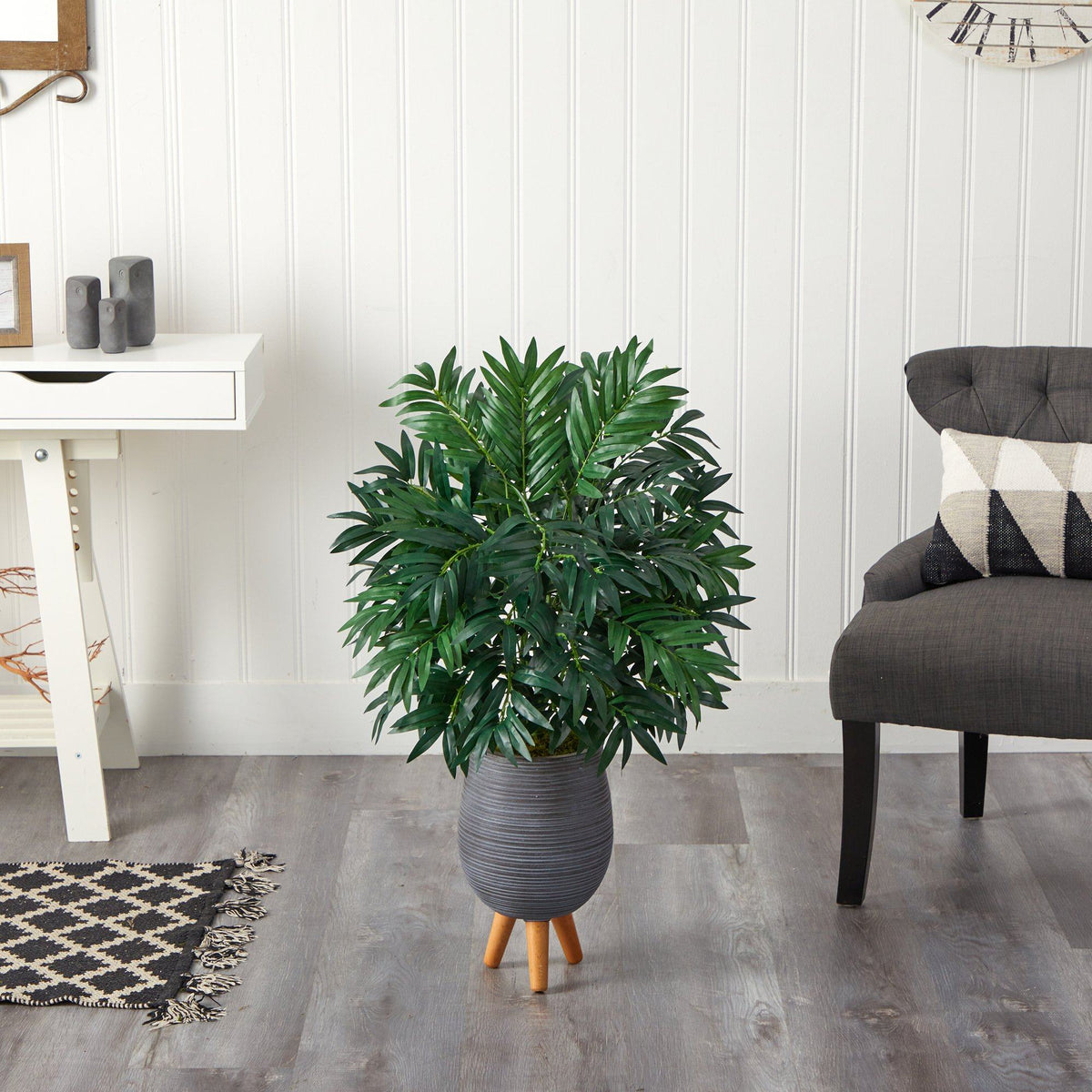 3’ Bamboo Palm Artificial Plant in Gray Planter with Stand