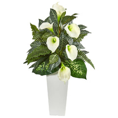 3’ Calla Lily and Mixed Greens Artificial Plant in White Vase - Ornate Home