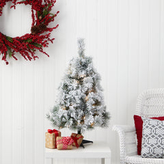 3’ Flocked Oregon Pine Artificial Christmas Tree with 50 Clear Lights and 113 Bendable Branches - Ornate Home