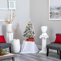 3’ Flocked Oregon Pine Artificial Christmas Tree with 50 Clear Lights and 113 Bendable Branches - Ornate Home