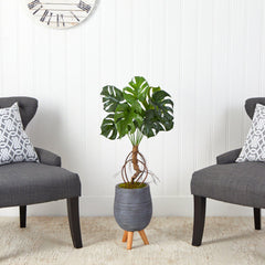 3’ Monstera Artificial Arrangement in Gray Planter with Stand - Ornate Home