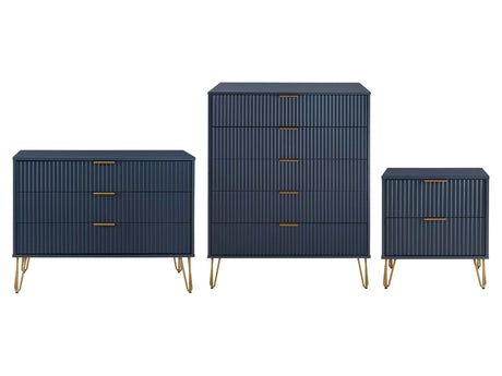 3-Piece DUMBO 5-Drawer Tall Dresser, DUMBO 3-Drawer Standard Dresser and DUMBO Nightstand 2.0 in Midnight Blue - Ornate Home