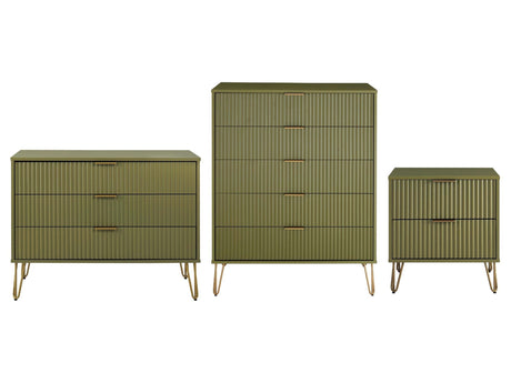 3-Piece DUMBO 5-Drawer Tall Dresser, DUMBO 3-Drawer Standard Dresser and DUMBO Nightstand 2.0 in Olive Green - Ornate Home