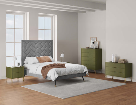 3-Piece DUMBO 5-Drawer Tall Dresser, DUMBO 3-Drawer Standard Dresser and DUMBO Nightstand 2.0 in Olive Green - Ornate Home