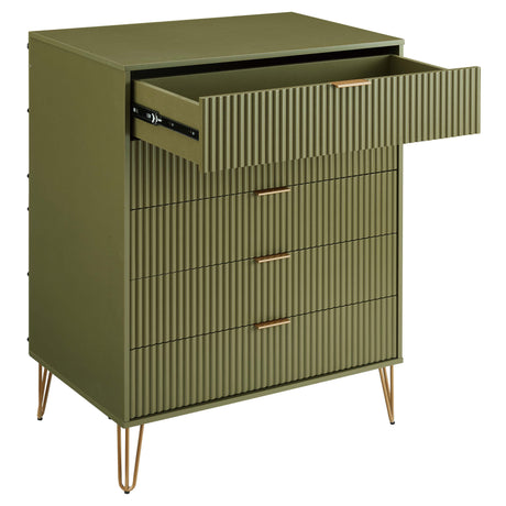 3-Piece DUMBO 5-Drawer Tall Dresser, DUMBO 3-Drawer Standard Dresser and DUMBO Nightstand 2.0 in Olive Green - Ornate Home