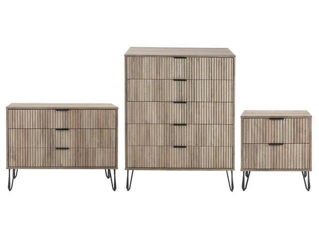 3-Piece DUMBO 5-Drawer Tall Dresser, DUMBO 3-Drawer Standard Dresser and DUMBO Nightstand 2.0 in Rustic Grey - Ornate Home